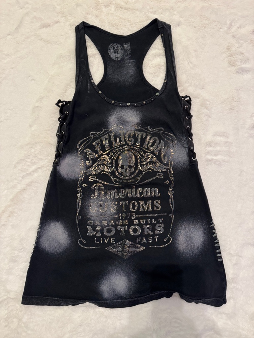 Affliction Black Lace-Up Racerback Tank with Metallic Graphic